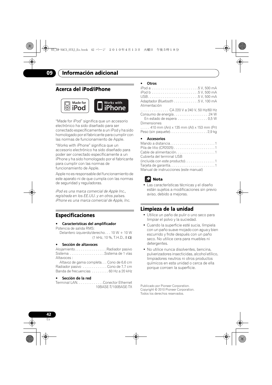 Información adicional 09, Acerca del ipod/iphone, Especificaciones | Limpieza de la unidad | Pioneer XW-NAC3-R User Manual | Page 126 / 132