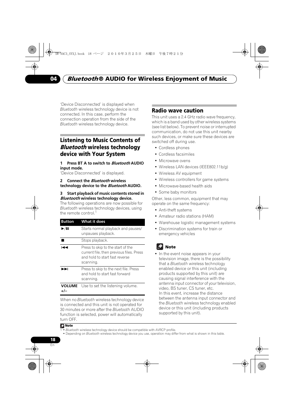 Listening to music contents of bluetooth wireless, Technology device with your system, Radio wave caution | Bluetooth, Audio for wireless enjoyment of music 04, Listening to music contents of, Wireless technology device with your system | Pioneer XW-NAC3-R User Manual | Page 18 / 132
