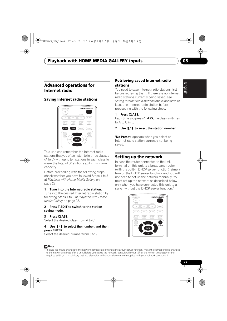 Advanced operations for internet radio, Saving internet radio stations, Retrieving saved internet radio stations | Setting up the network, Playback with home media gallery inputs 05 | Pioneer XW-NAC3-R User Manual | Page 27 / 132