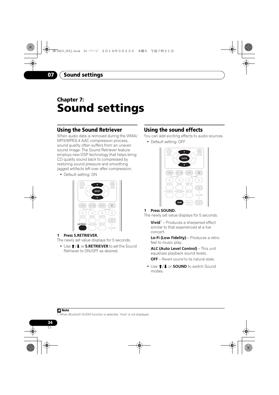 07 sound settings, Using the sound retriever, Using the sound effects | Sound settings, Sound settings 07, Chapter 7 | Pioneer XW-NAC3-R User Manual | Page 34 / 132