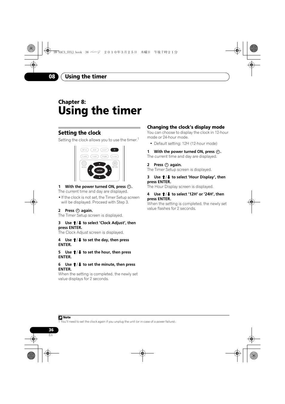 08 using the timer, Setting the clock, Changing the clock’s display mode | Using the timer, Using the timer 08, Chapter 8 | Pioneer XW-NAC3-R User Manual | Page 36 / 132