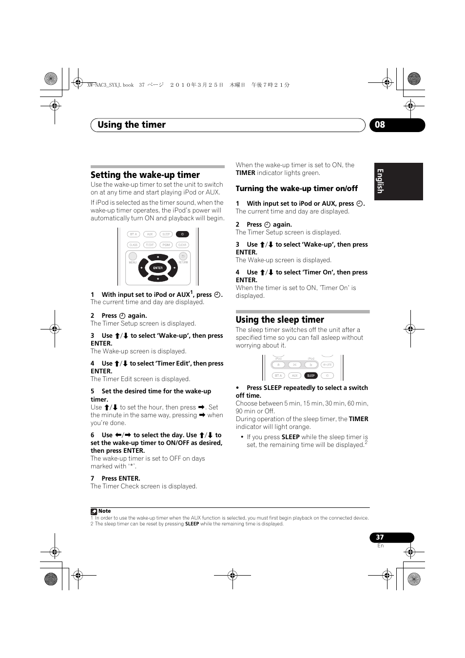 Setting the wake-up timer, Turning the wake-up timer on/off, Using the sleep timer | Using the timer 08 | Pioneer XW-NAC3-R User Manual | Page 37 / 132