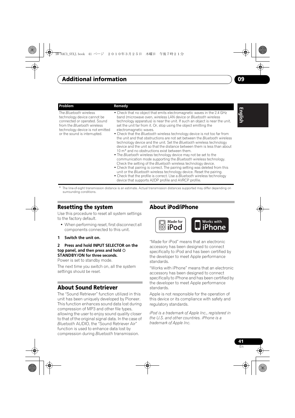 Resetting the system, About sound retriever, About ipod/iphone | Additional information 09 | Pioneer XW-NAC3-R User Manual | Page 41 / 132