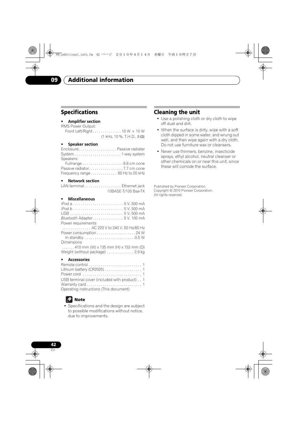 Specifications, Cleaning the unit, Additional information 09 | Pioneer XW-NAC3-R User Manual | Page 42 / 132