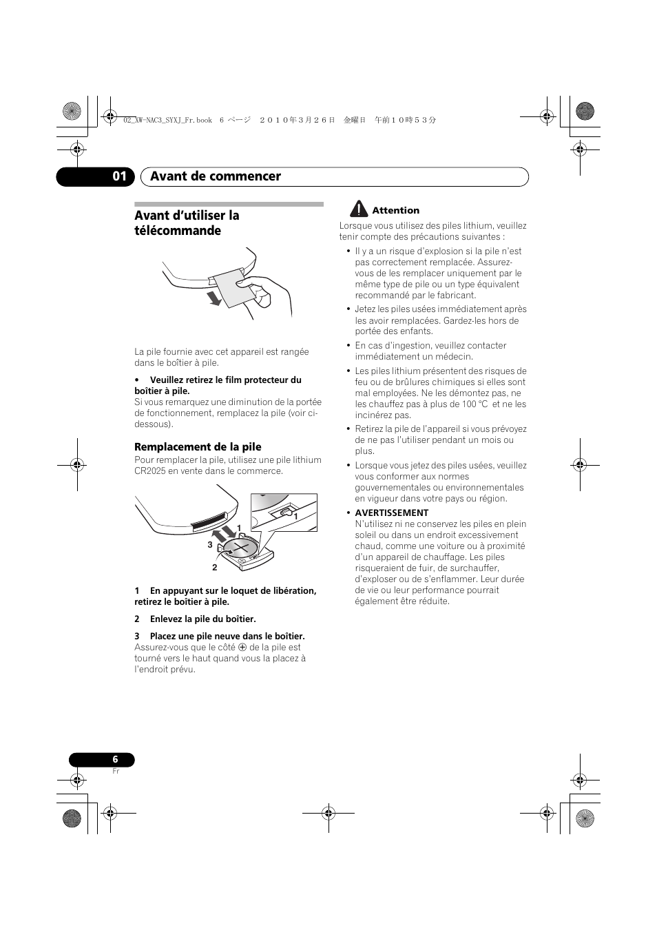 Avant d’utiliser la télécommande, Remplacement de la pile, Avant de commencer 01 | Pioneer XW-NAC3-R User Manual | Page 48 / 132