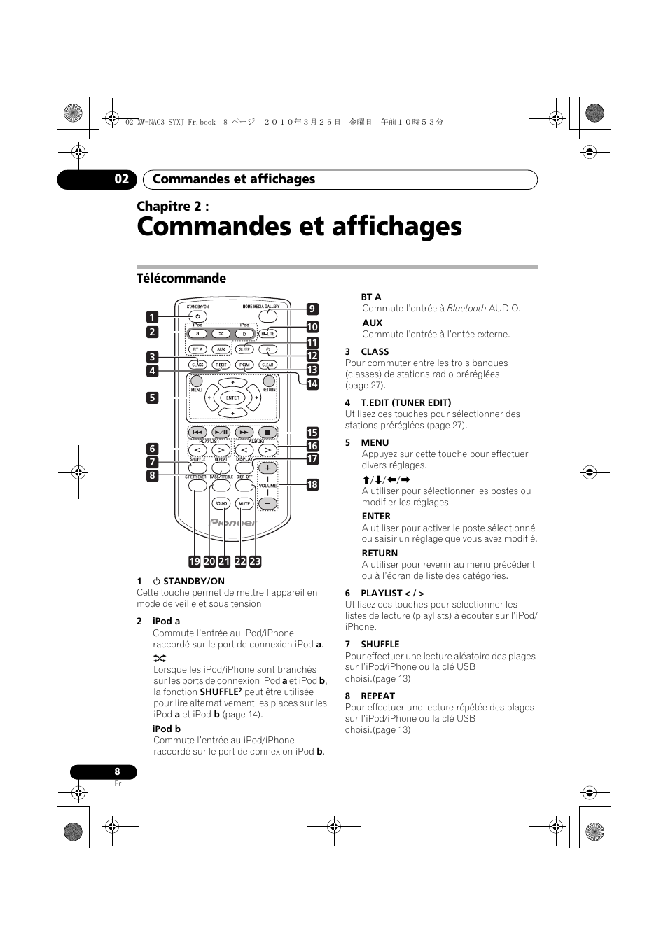 02 commandes et affichages, Télécommande, Commandes et affichages | Commandes et affichages 02, Chapitre 2 | Pioneer XW-NAC3-R User Manual | Page 50 / 132