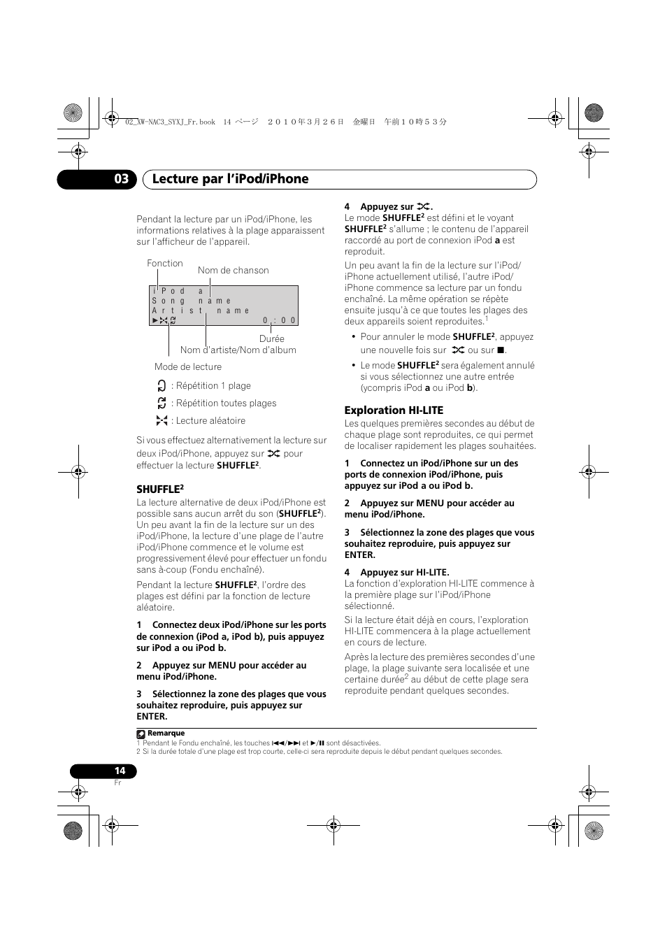Shuffle, Exploration hi-lite, Lecture par l’ipod/iphone 03 | Pioneer XW-NAC3-R User Manual | Page 56 / 132