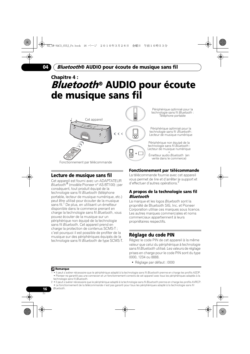 Bluetooth, Audio pour écoute de, Musique sans fil | Lecture de musique sans fil, Réglage du code pin, Audio pour écoute de musique sans fil, Audio pour écoute de musique sans fil 04, Chapitre 4 | Pioneer XW-NAC3-R User Manual | Page 58 / 132
