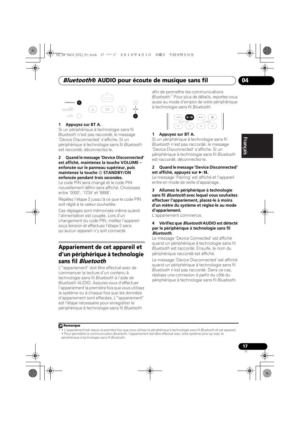 Bluetooth, Audio pour écoute de musique sans fil 04, English français español | Pioneer XW-NAC3-R User Manual | Page 59 / 132