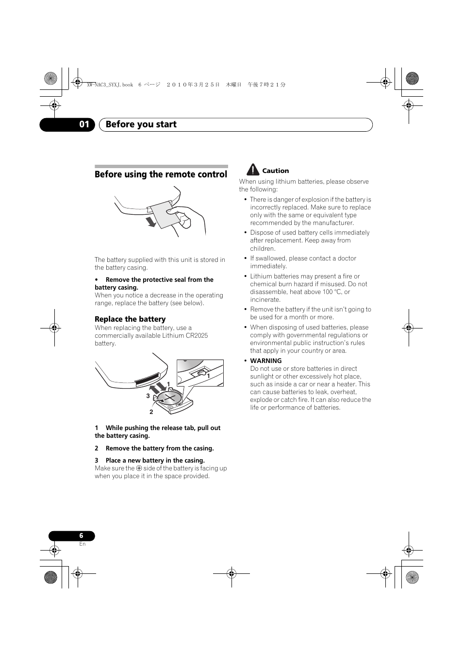 Before using the remote control, Replace the battery, Before you start 01 | Pioneer XW-NAC3-R User Manual | Page 6 / 132
