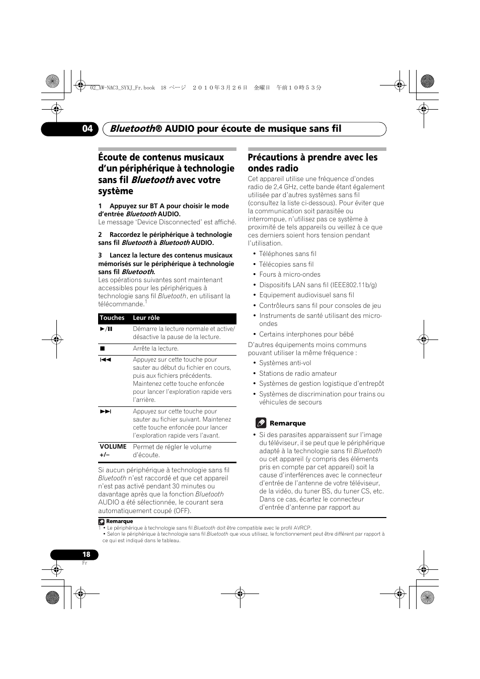 Bluetooth, Audio pour écoute de musique sans fil 04, Avec votre système | Précautions à prendre avec les ondes radio | Pioneer XW-NAC3-R User Manual | Page 60 / 132