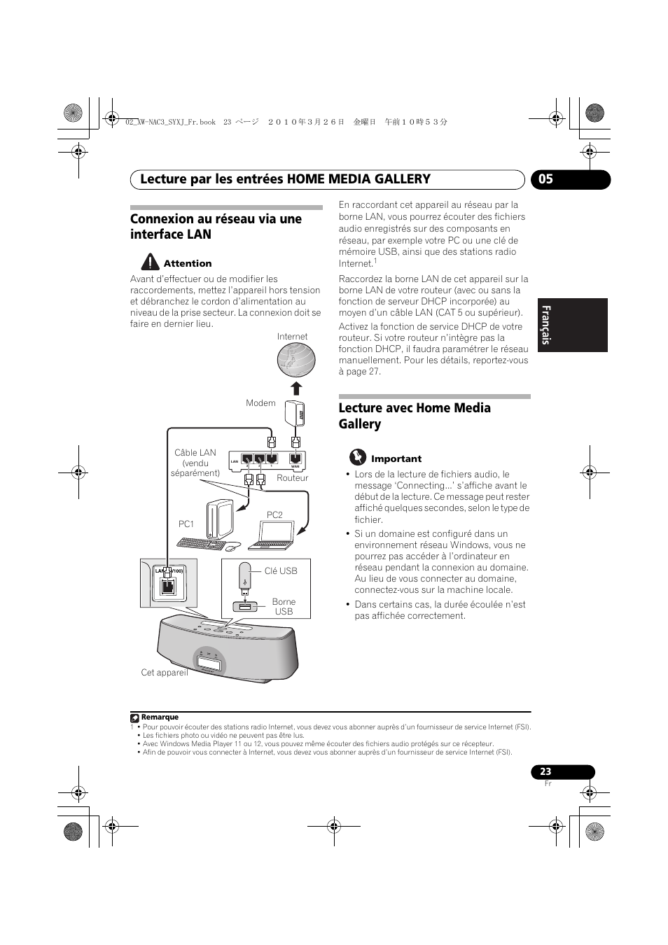 Lecture par les entrées home media gallery 05, Connexion au réseau via une interface lan, Lecture avec home media gallery | English français español | Pioneer XW-NAC3-R User Manual | Page 65 / 132