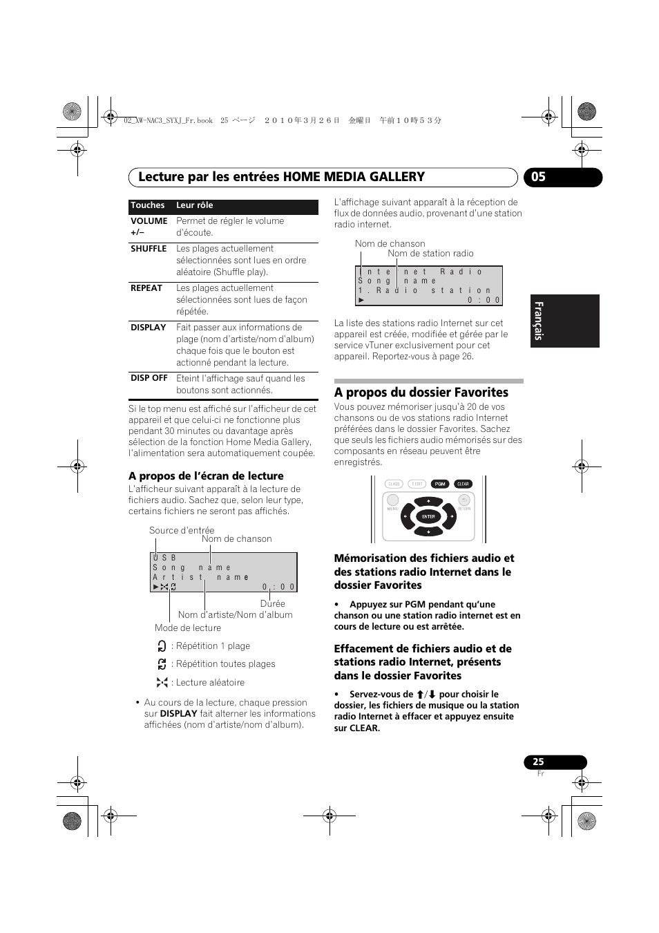A propos de l’écran de lecture, A propos du dossier favorites, Lecture par les entrées home media gallery 05 | Pioneer XW-NAC3-R User Manual | Page 67 / 132