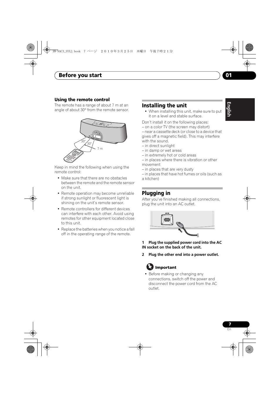 Using the remote control, Installing the unit, Plugging in | Before you start 01 | Pioneer XW-NAC3-R User Manual | Page 7 / 132