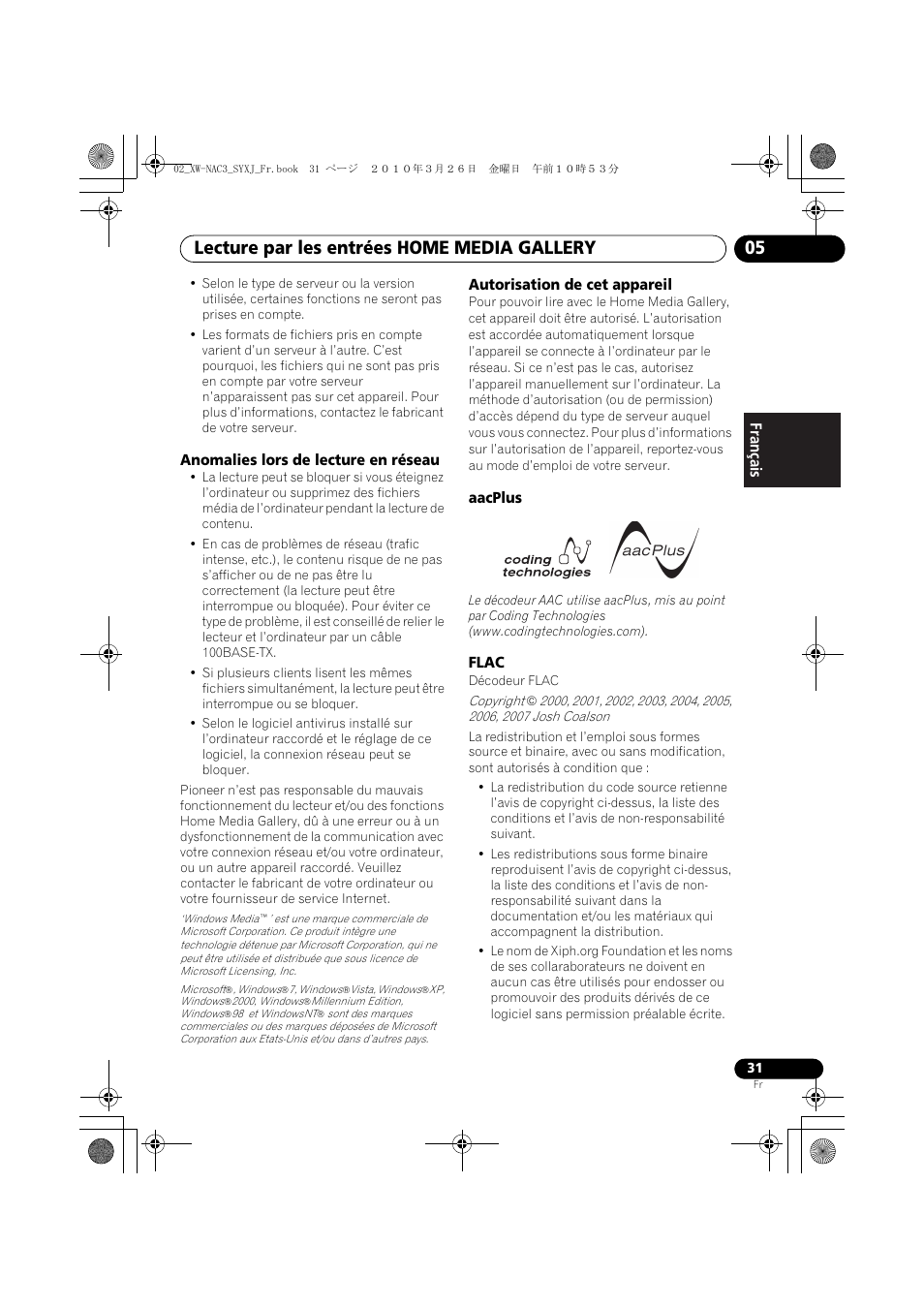 Lecture par les entrées home media gallery 05, English français español | Pioneer XW-NAC3-R User Manual | Page 73 / 132