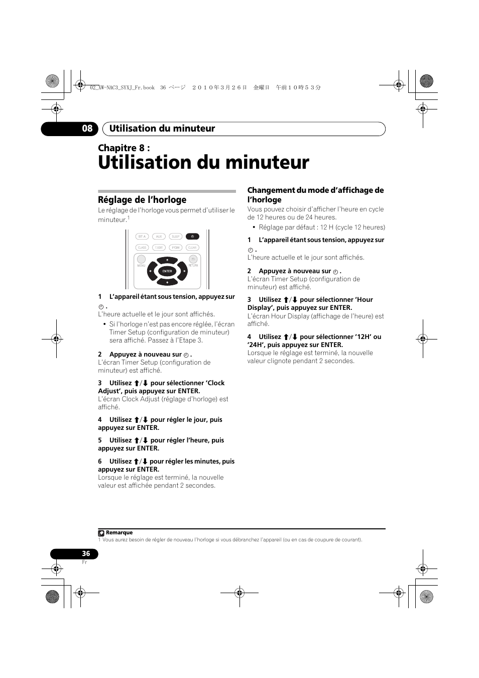 08 utilisation du minuteur, Réglage de l’horloge, Changement du mode d’affichage de l’horloge | Utilisation du minuteur, Utilisation du minuteur 08, Chapitre 8 | Pioneer XW-NAC3-R User Manual | Page 78 / 132