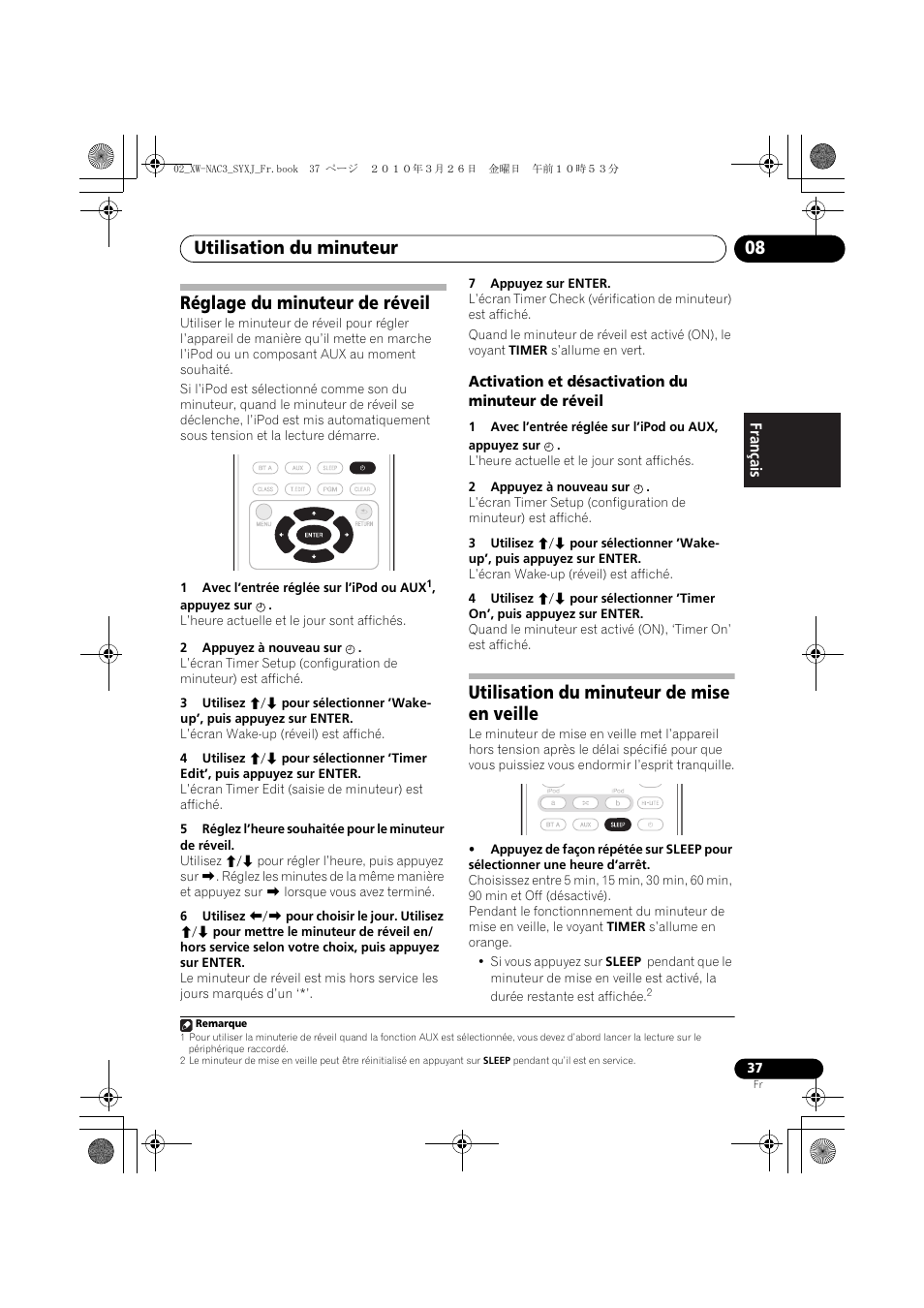 Réglage du minuteur de réveil, Activation et désactivation du minuteur de réveil, Utilisation du minuteur de mise en veille | Utilisation du minuteur 08 | Pioneer XW-NAC3-R User Manual | Page 79 / 132