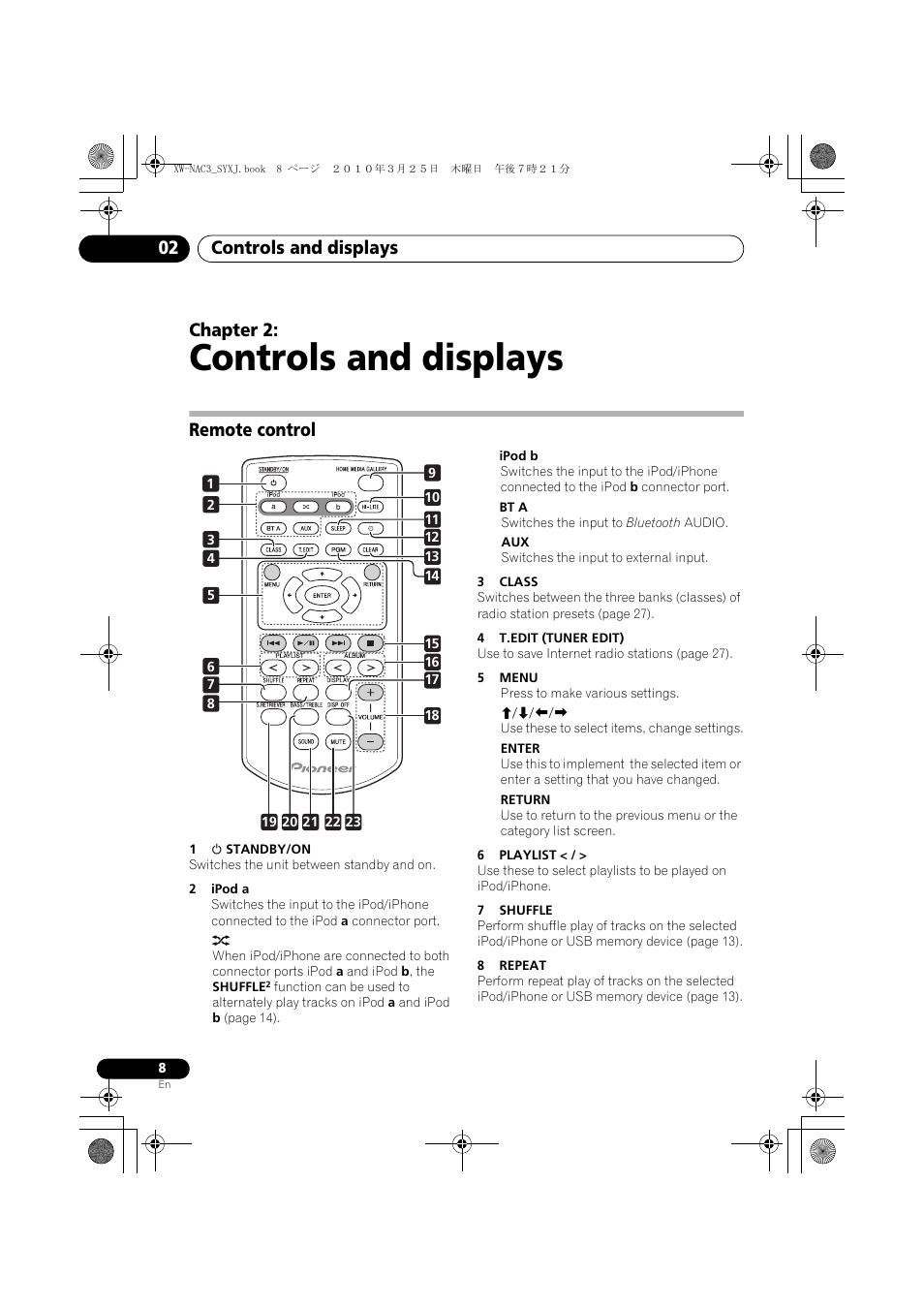 02 controls and displays, Remote control, Controls and displays | Controls and displays 02, Chapter 2 | Pioneer XW-NAC3-R User Manual | Page 8 / 132