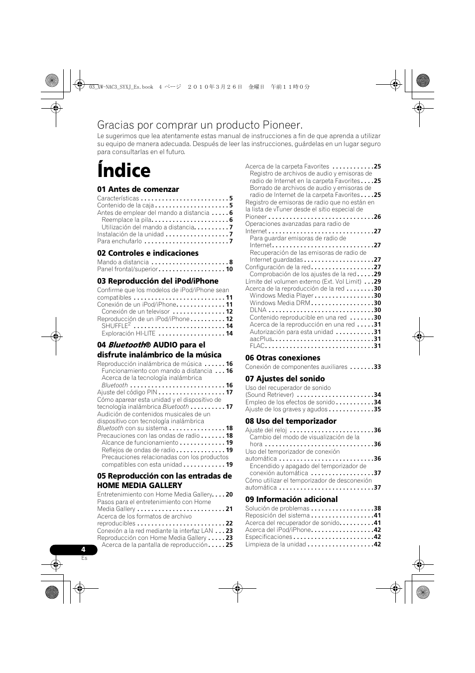Sistema digital de parlantes para ipod, Manual de instrucciones, Índice | Gracias por comprar un producto pioneer | Pioneer XW-NAC3-R User Manual | Page 88 / 132