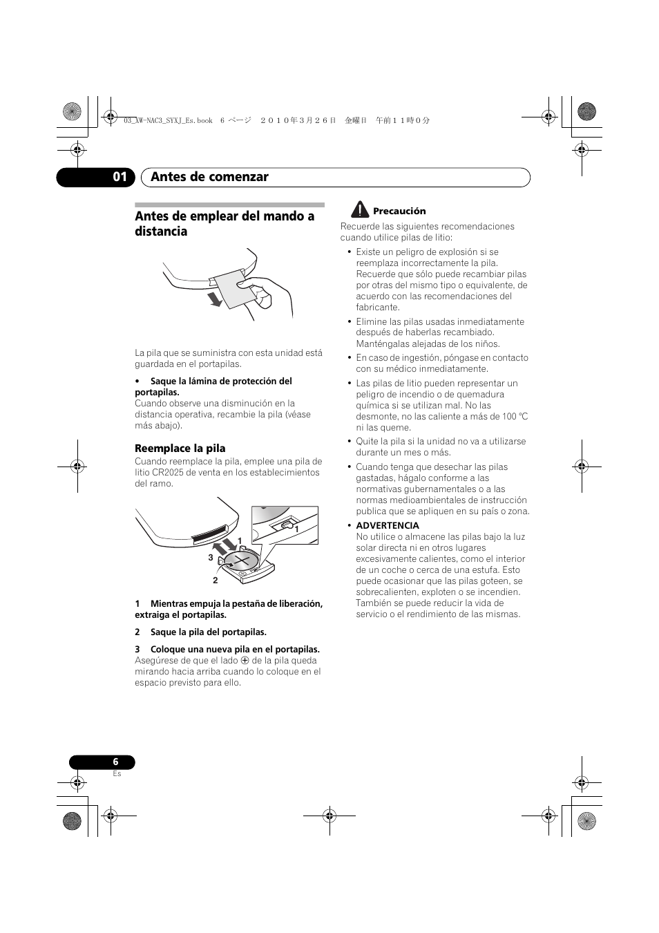 Antes de emplear del mando a distancia, Reemplace la pila, Antes de comenzar 01 | Pioneer XW-NAC3-R User Manual | Page 90 / 132