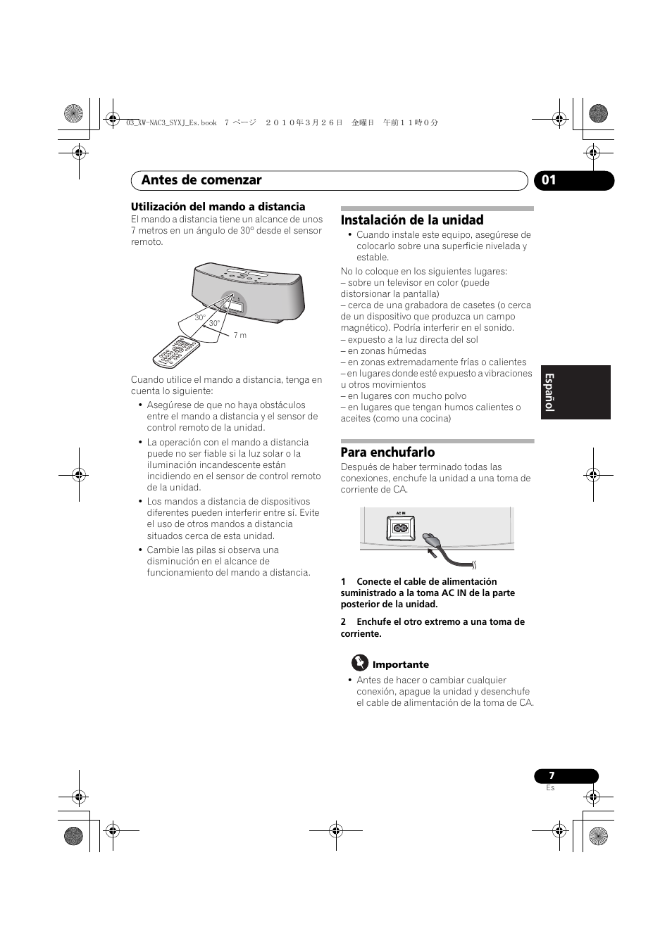Utilización del mando a distancia, Instalación de la unidad para enchufarlo, Antes de comenzar 01 | Instalación de la unidad, Para enchufarlo | Pioneer XW-NAC3-R User Manual | Page 91 / 132