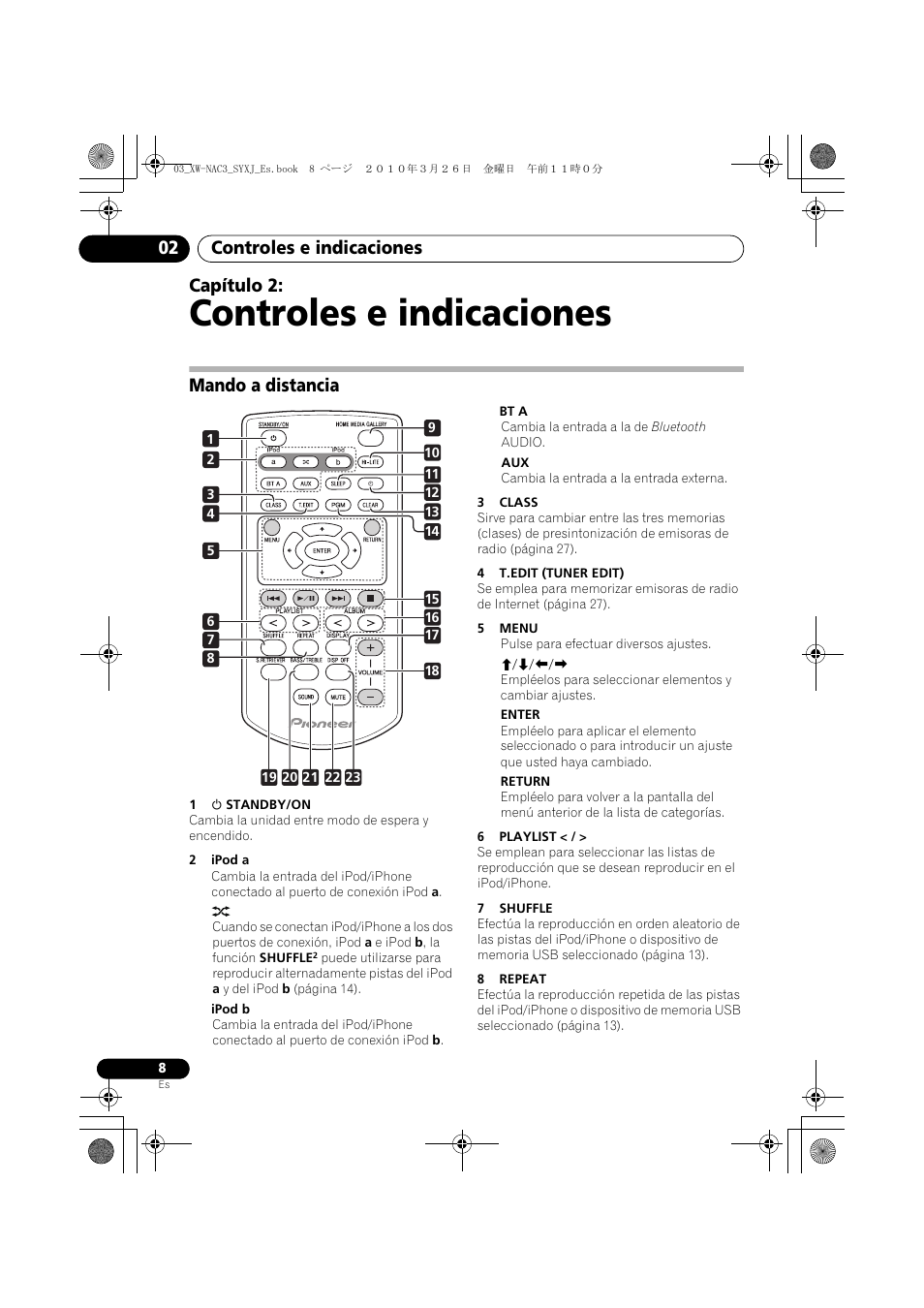 02 controles e indicaciones, Mando a distancia, Controles e indicaciones | Controles e indicaciones 02, Capítulo 2 | Pioneer XW-NAC3-R User Manual | Page 92 / 132