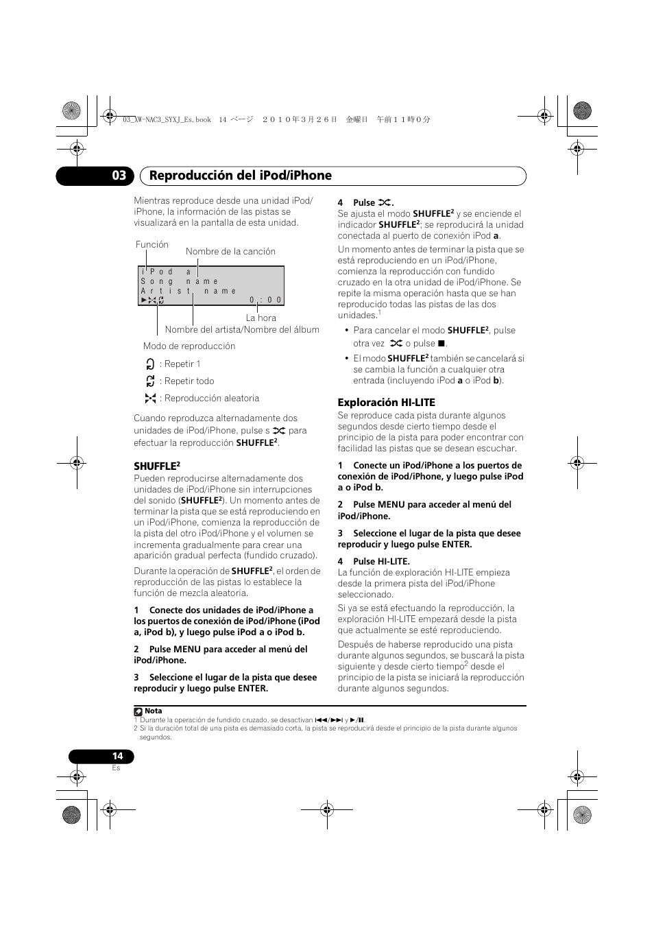 Shuffle, Exploración hi-lite, Reproducción del ipod/iphone 03 | Pioneer XW-NAC3-R User Manual | Page 98 / 132
