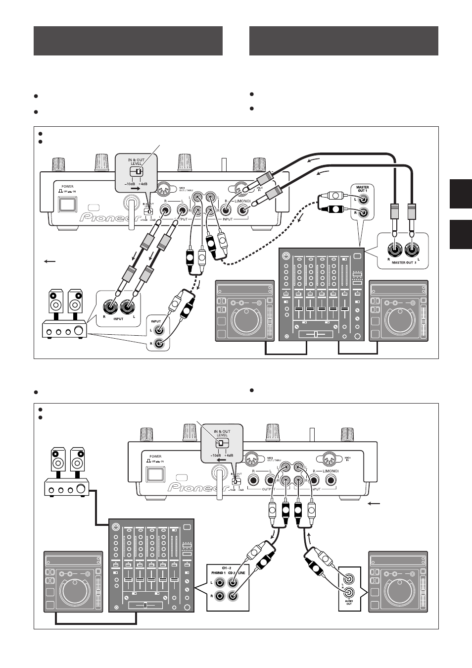 Connections, Branchements, Output input ch-2 ch-1 master out | Out- put input ch-2 ch-1 master out | Pioneer Efx-500 User Manual | Page 13 / 80