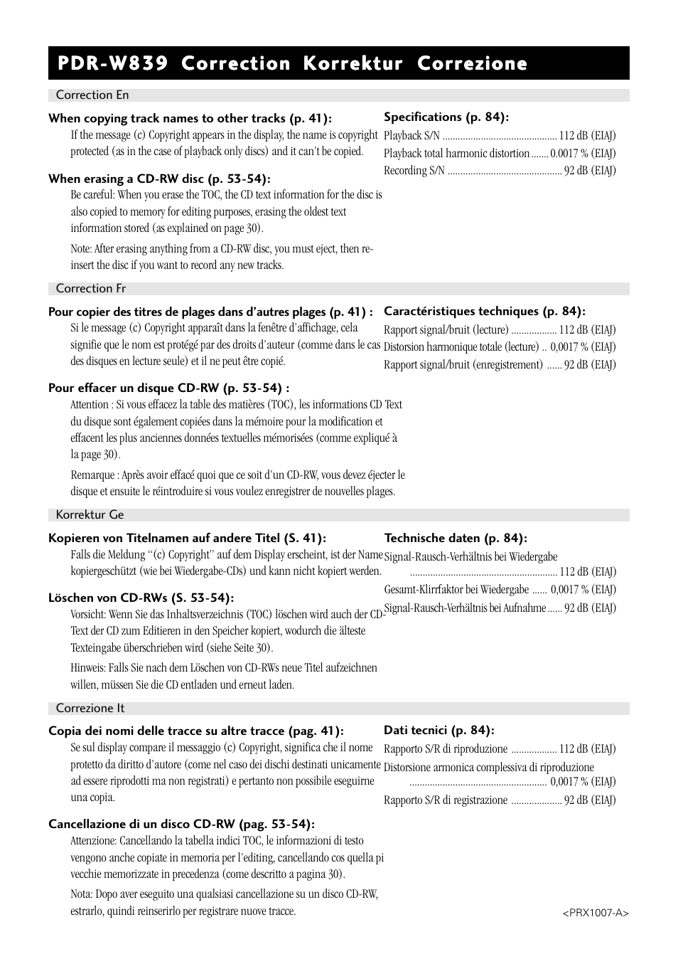 Pioneer PDR-W839 User Manual | 2 pages