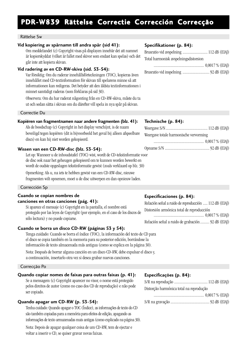 Pdr-w839 rättelse correctie | Pioneer PDR-W839 User Manual | Page 2 / 2