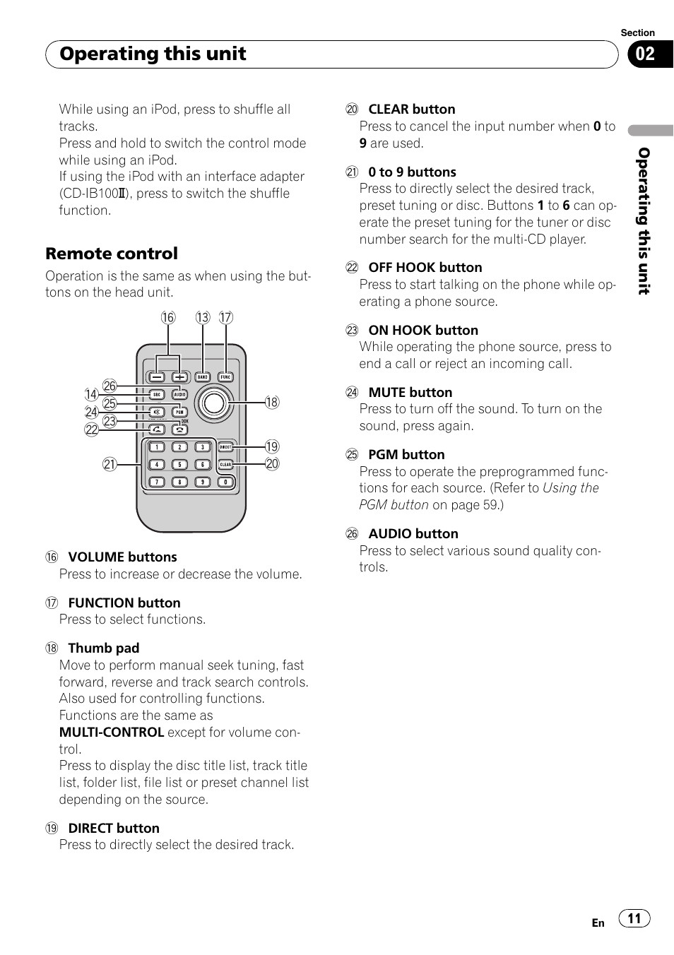 Remote control 11, Operating this unit, Remote control | Pioneer FH-P80BT User Manual | Page 11 / 77