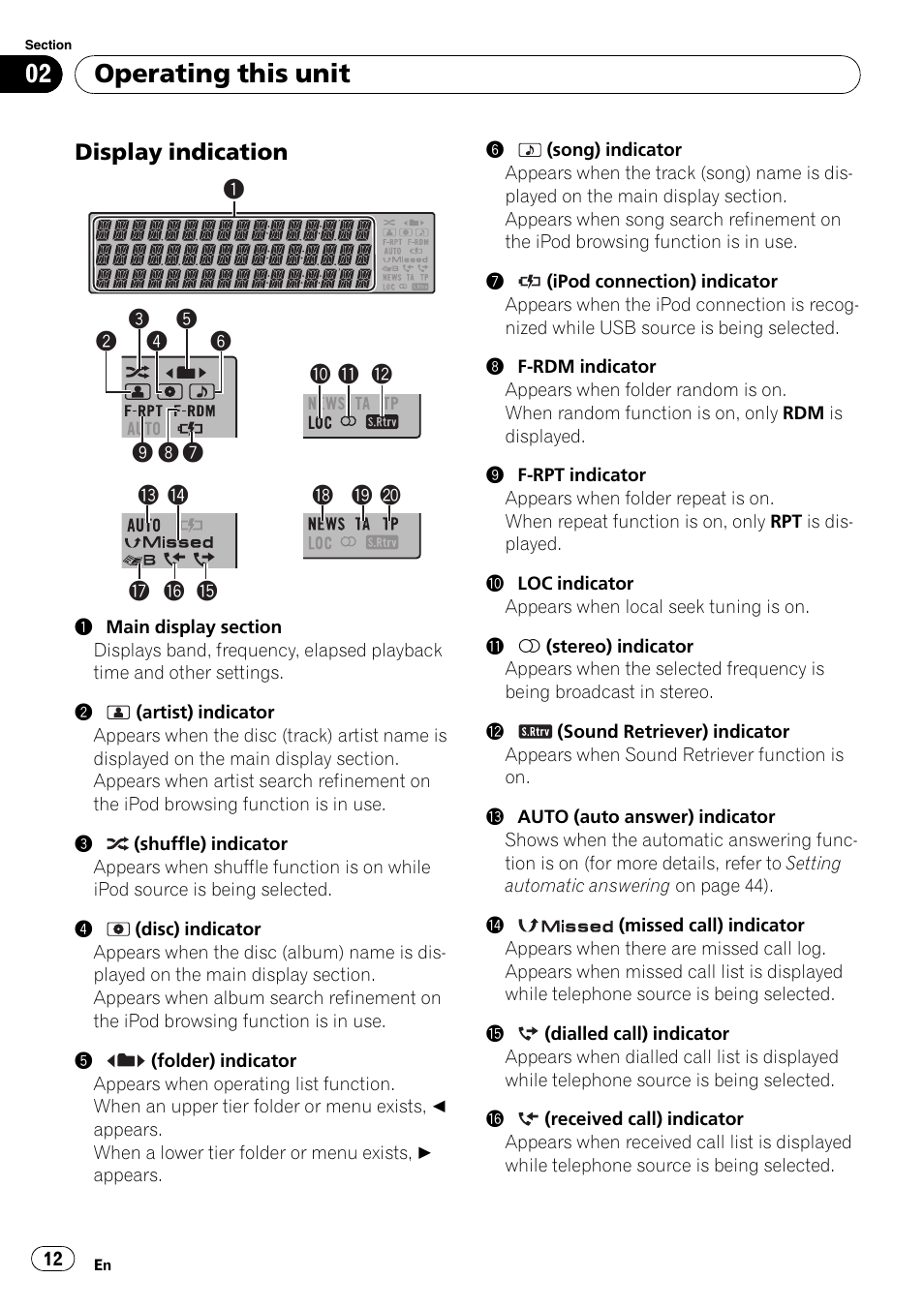 Display indication 12, Operating this unit, Display indication | Pioneer FH-P80BT User Manual | Page 12 / 77