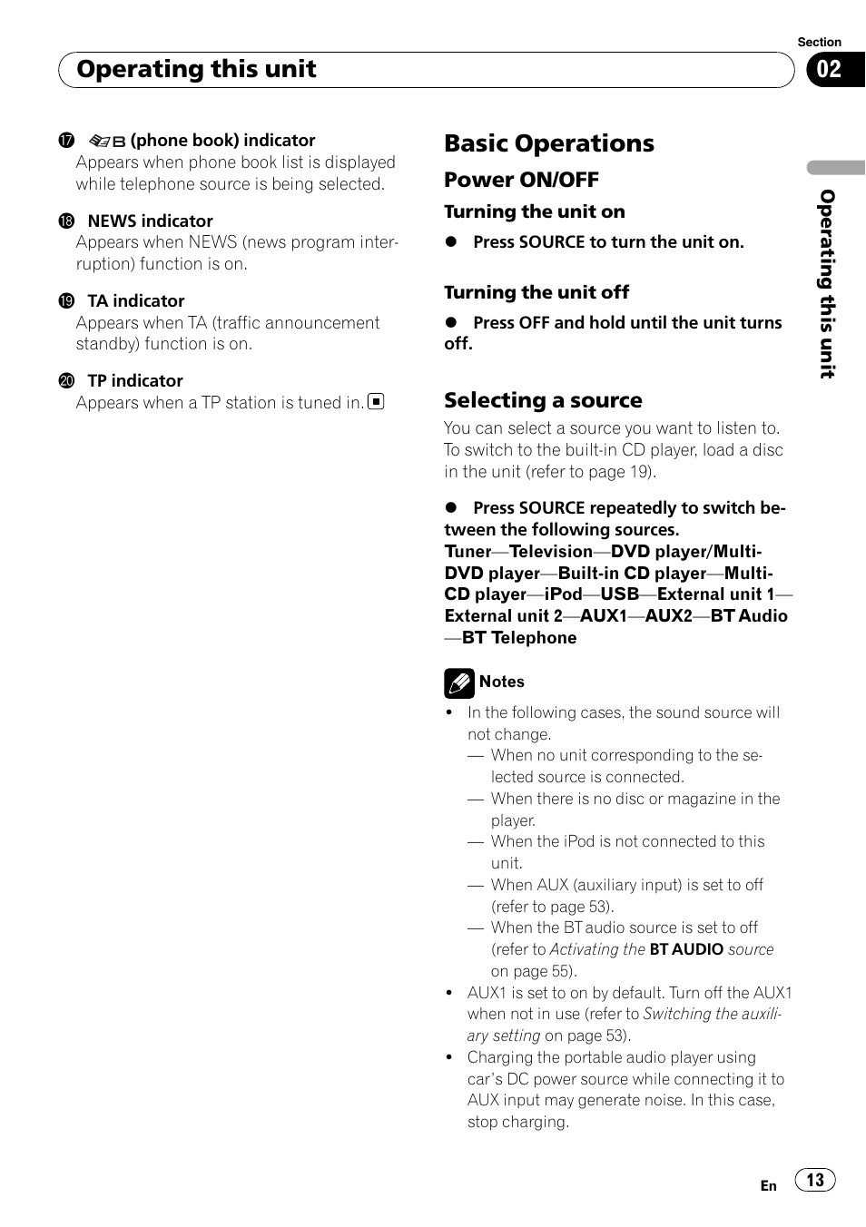 Basic operations, Power on/off 13, Selecting a source 13 | Operating this unit, Power on/off, Selecting a source | Pioneer FH-P80BT User Manual | Page 13 / 77