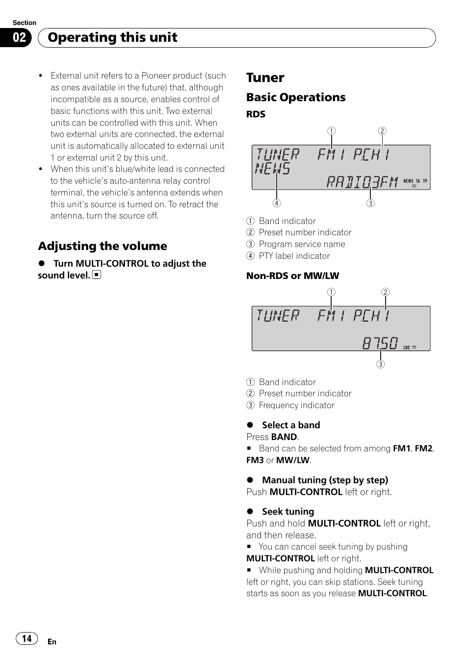 Adjusting the volume 14, Tuner, Basic operations 14 | Operating this unit, Adjusting the volume, Basic operations | Pioneer FH-P80BT User Manual | Page 14 / 77