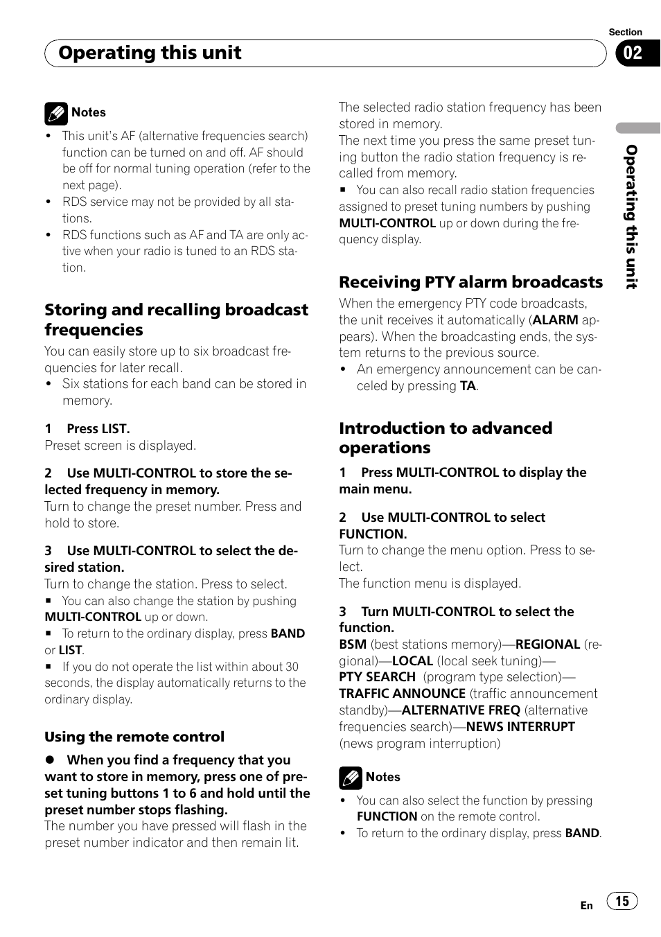 Storing and recalling broadcast, Frequencies, Receiving pty alarm broadcasts 15 | Introduction to advanced, Operations, Operating this unit, Storing and recalling broadcast frequencies, Receiving pty alarm broadcasts, Introduction to advanced operations | Pioneer FH-P80BT User Manual | Page 15 / 77