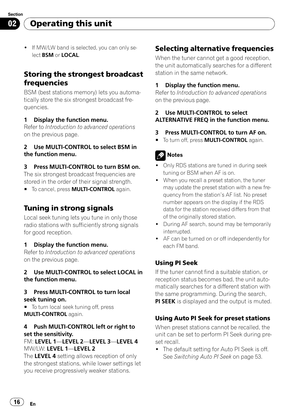 Storing the strongest broadcast, Frequencies, Tuning in strong signals 16 | Selecting alternative frequencies 16, Operating this unit, Storing the strongest broadcast frequencies, Tuning in strong signals, Selecting alternative frequencies | Pioneer FH-P80BT User Manual | Page 16 / 77