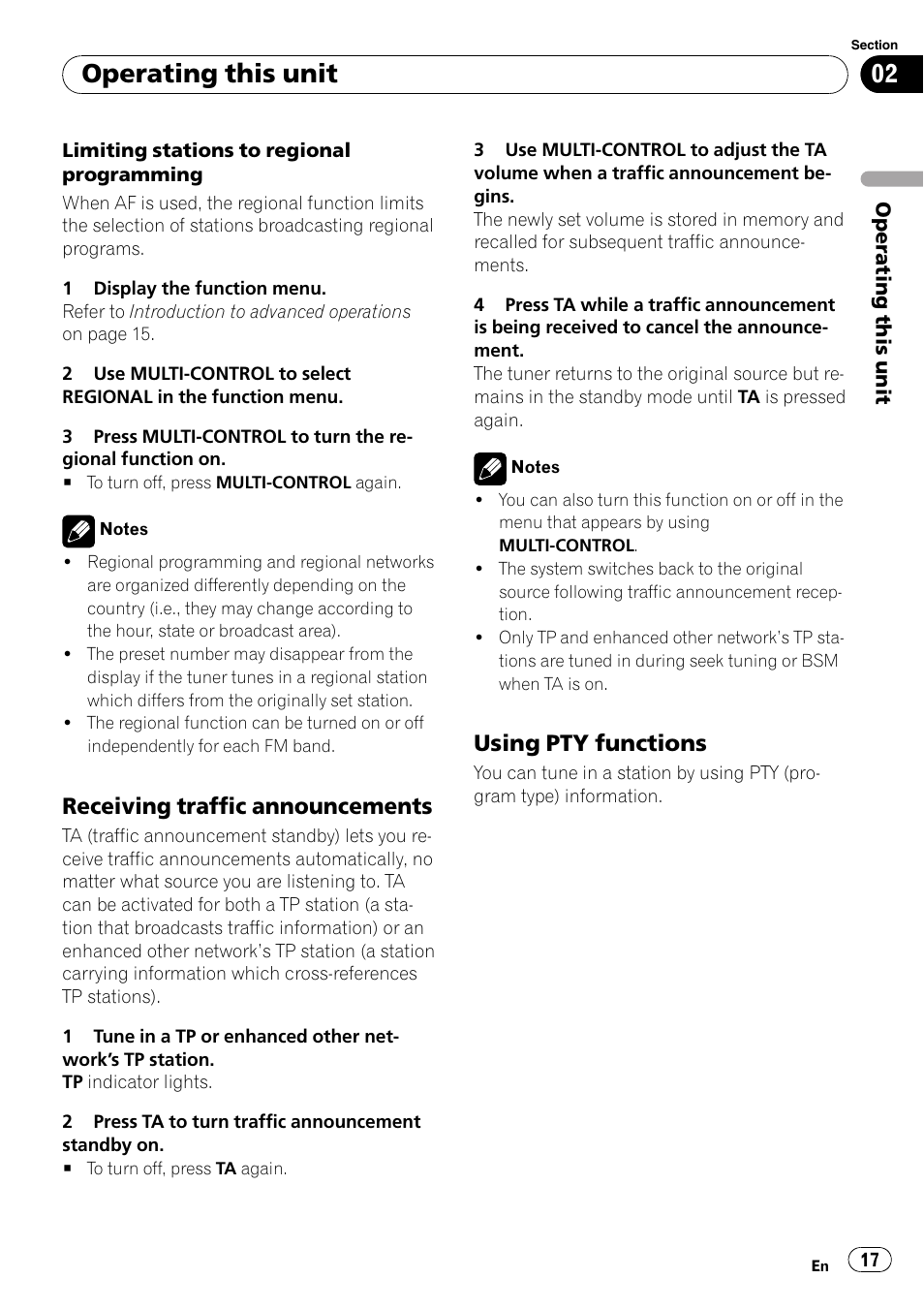 Receiving traffic announcements 17, Using pty functions 17, Operating this unit | Receiving traffic announcements, Using pty functions | Pioneer FH-P80BT User Manual | Page 17 / 77