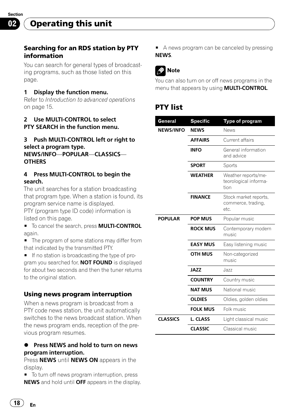 Pty list 18, Operating this unit, Pty list | Pioneer FH-P80BT User Manual | Page 18 / 77