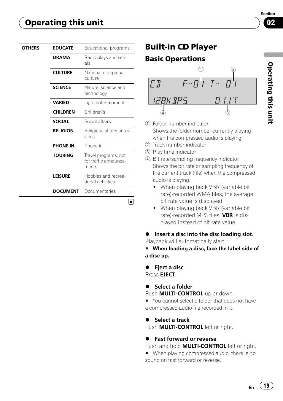 Built-in cd player, Basic operations 19, Operating this unit | Basic operations | Pioneer FH-P80BT User Manual | Page 19 / 77