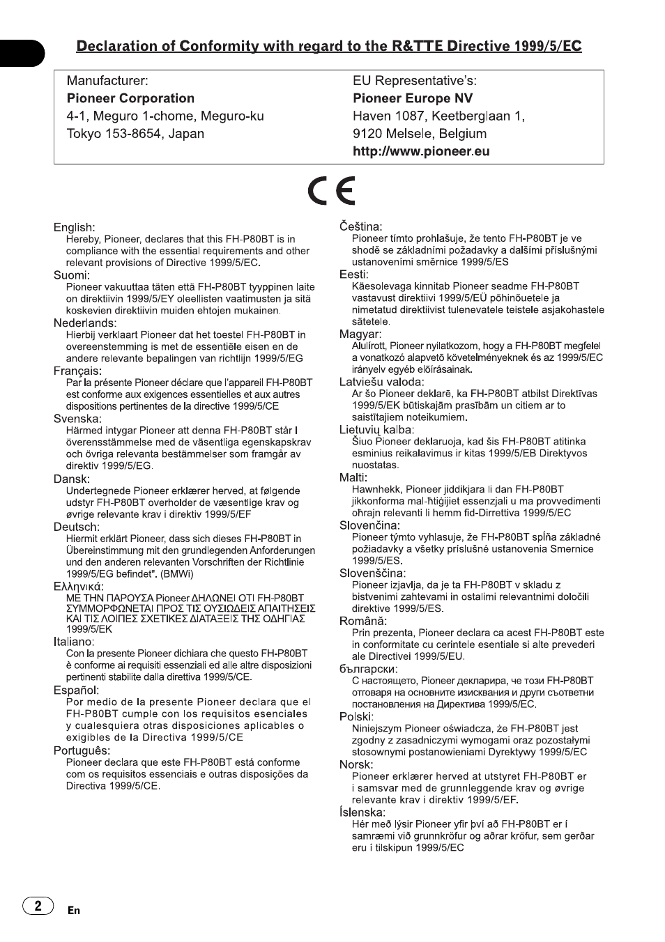 Pioneer FH-P80BT User Manual | Page 2 / 77