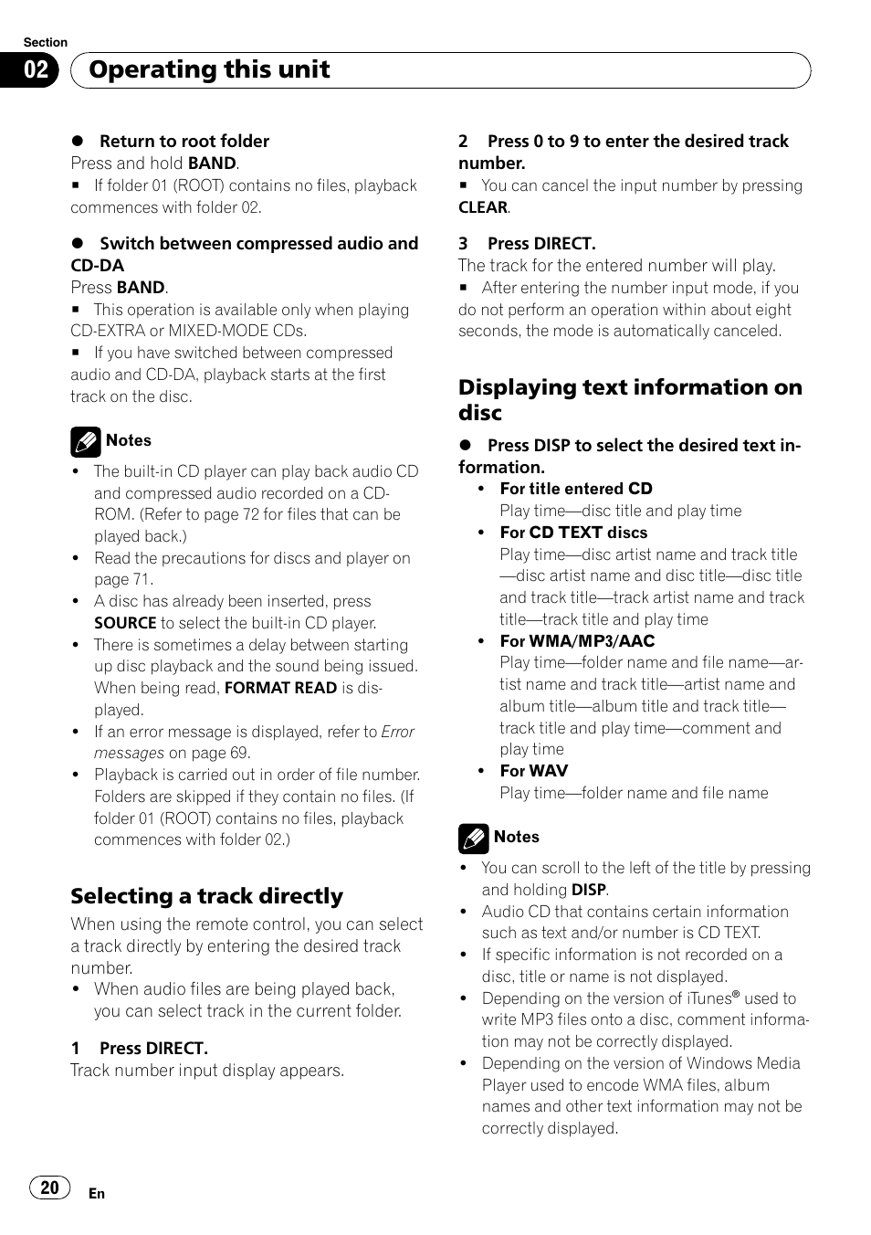 Selecting a track directly 20, Displaying text information on disc 20, Operating this unit | Selecting a track directly, Displaying text information on disc | Pioneer FH-P80BT User Manual | Page 20 / 77