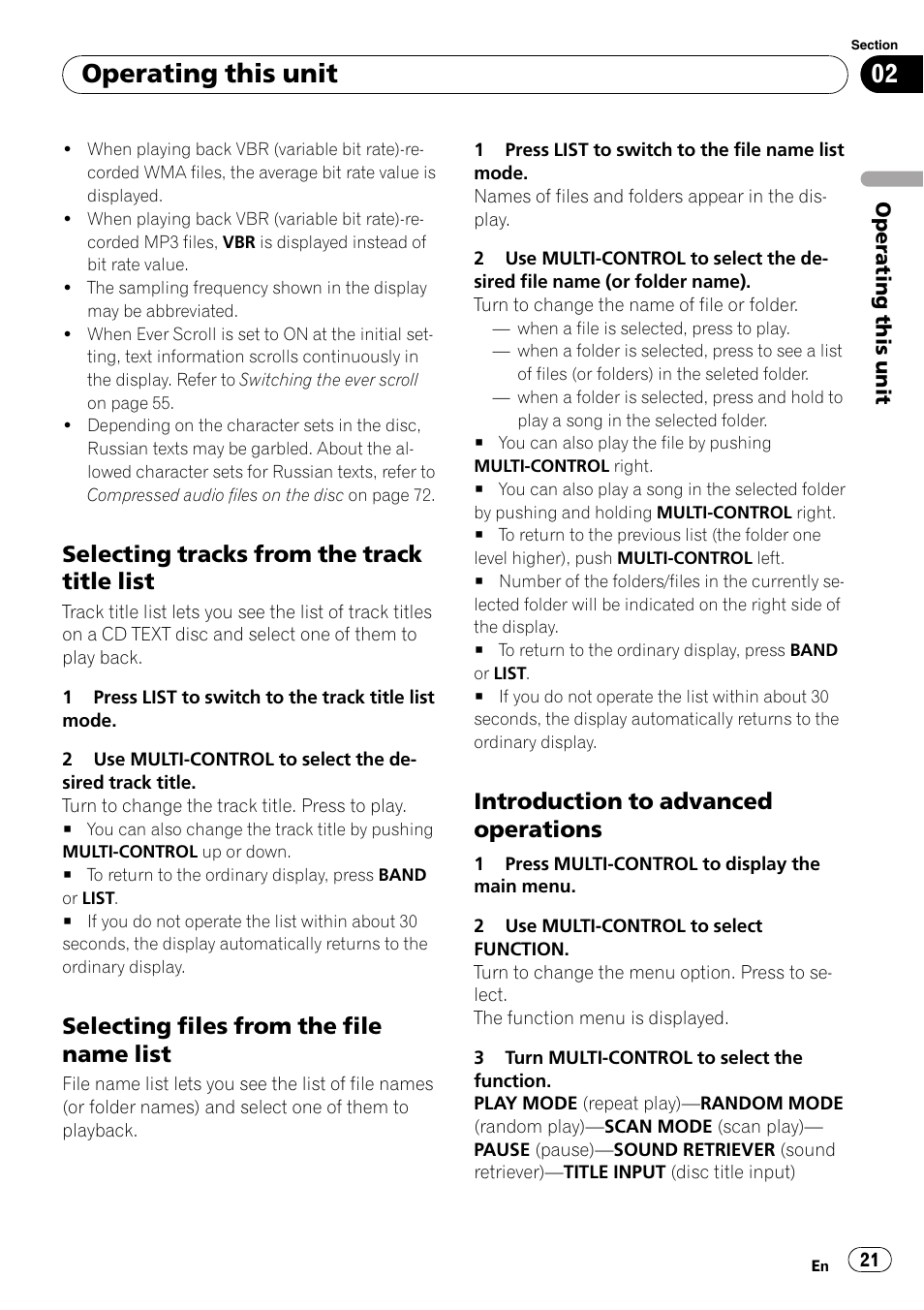 Selecting tracks from the track title, List, Selecting files from the file name | Introduction to advanced, Operations, Operating this unit, Selecting tracks from the track title list, Selecting files from the file name list, Introduction to advanced operations | Pioneer FH-P80BT User Manual | Page 21 / 77