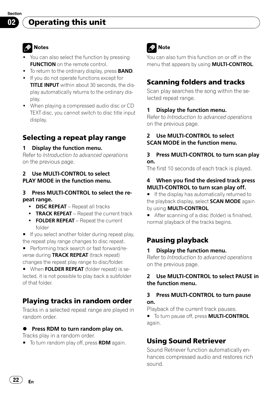 Selecting a repeat play range 22, Playing tracks in random order 22, Scanning folders and tracks 22 | Pausing playback 22, Using sound retriever 22, Operating this unit, Selecting a repeat play range, Playing tracks in random order, Scanning folders and tracks, Pausing playback | Pioneer FH-P80BT User Manual | Page 22 / 77