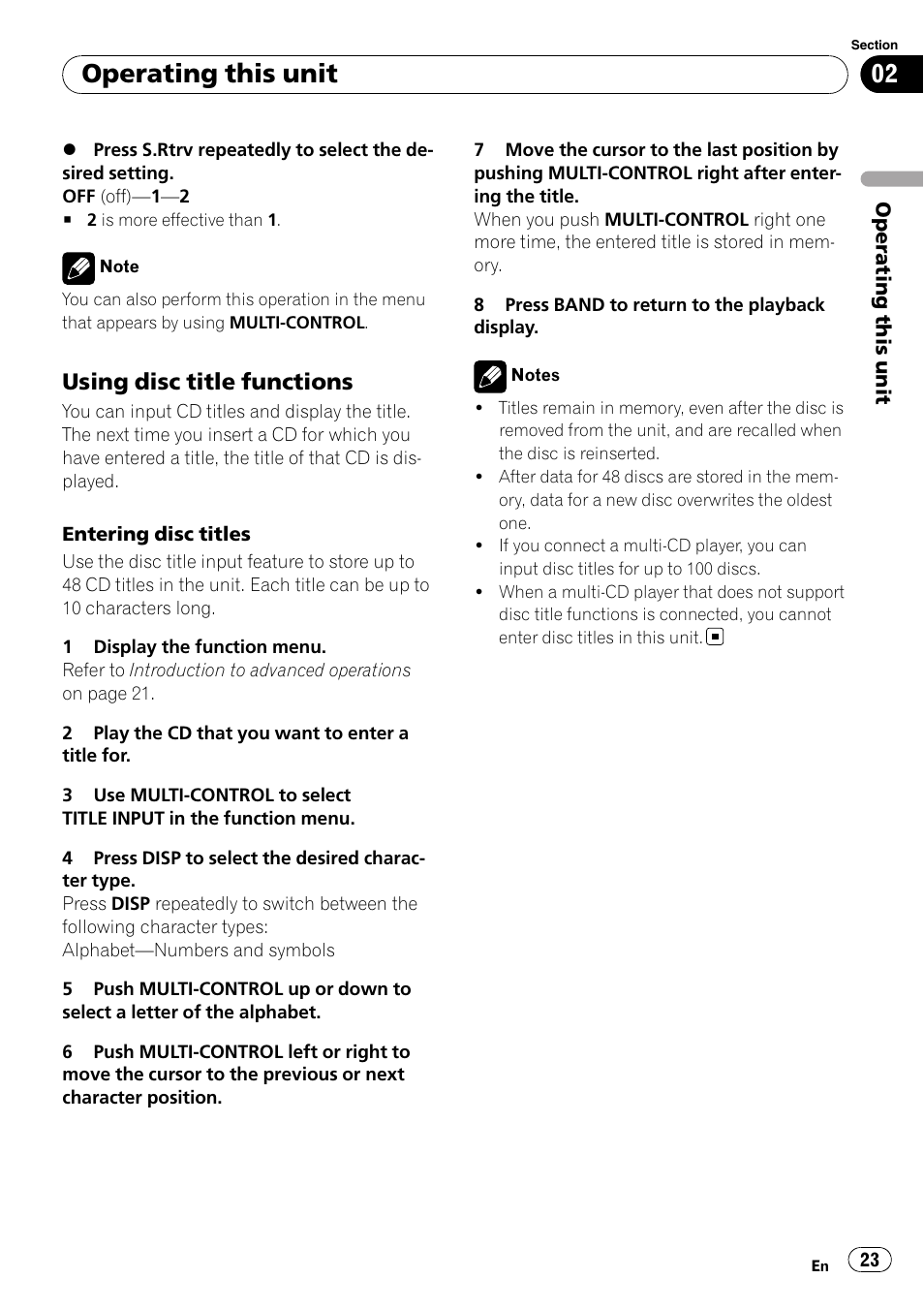 Using disc title functions 23, Operating this unit, Using disc title functions | Pioneer FH-P80BT User Manual | Page 23 / 77