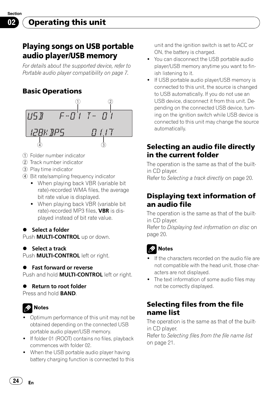 Playing songs on usb portable audio player, Usb memory, Basic operations 24 | Selecting an audio file directly in the, Current folder, Displaying text information of an audio, File, Selecting files from the file name, List, Operating this unit | Pioneer FH-P80BT User Manual | Page 24 / 77