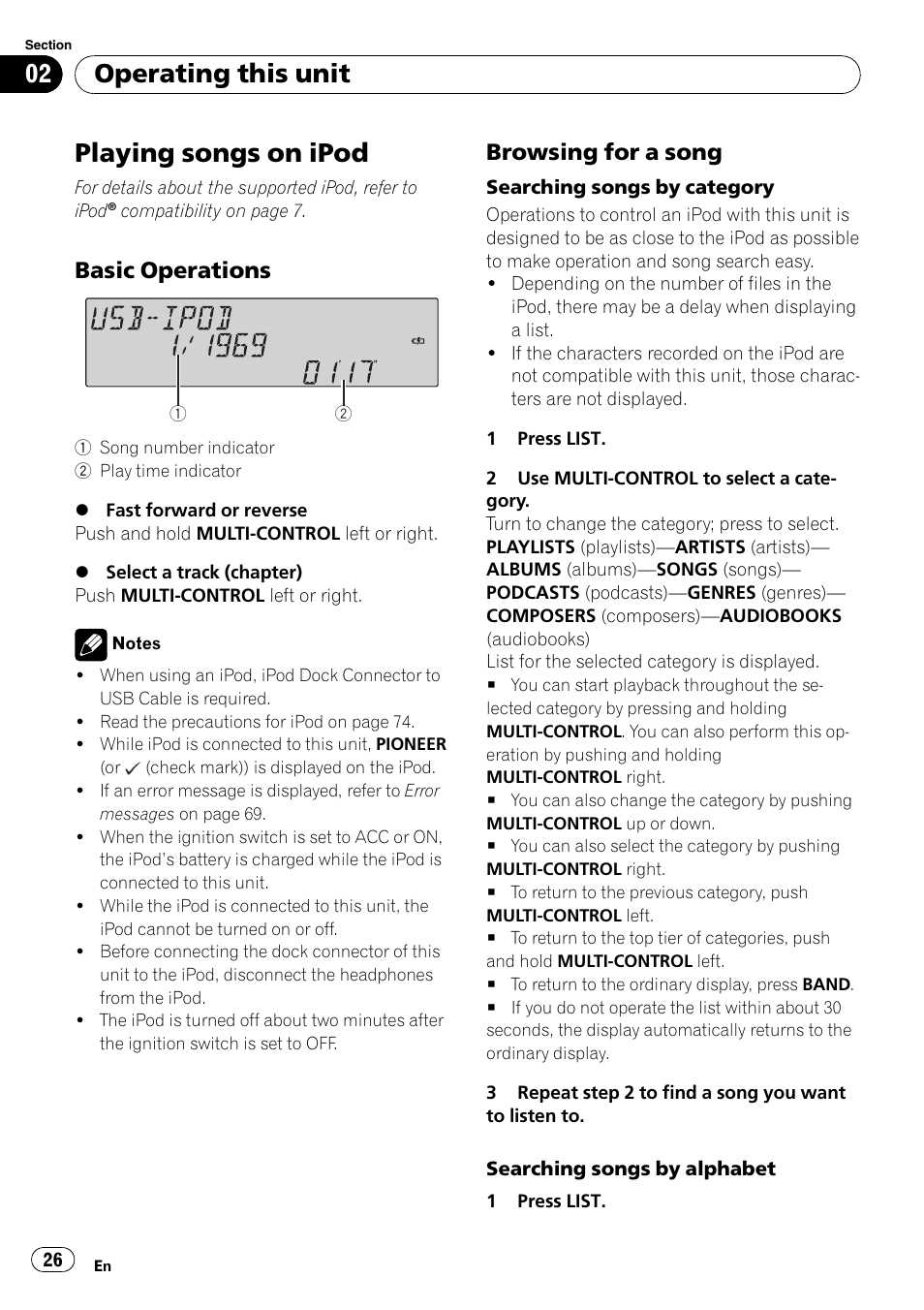 Playing songs on ipod, Basic operations 26, Browsing for a song 26 | Operating this unit, Basic operations, Browsing for a song | Pioneer FH-P80BT User Manual | Page 26 / 77