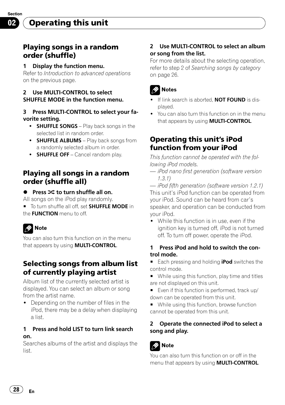 Playing songs in a random order, Shuffle), Playing all songs in a random order | Shuffle all), Selecting songs from album list of, Currently playing artist, Operating this unit’s ipod function, From your ipod, Operating this unit, Playing songs in a random order (shuffle) | Pioneer FH-P80BT User Manual | Page 28 / 77
