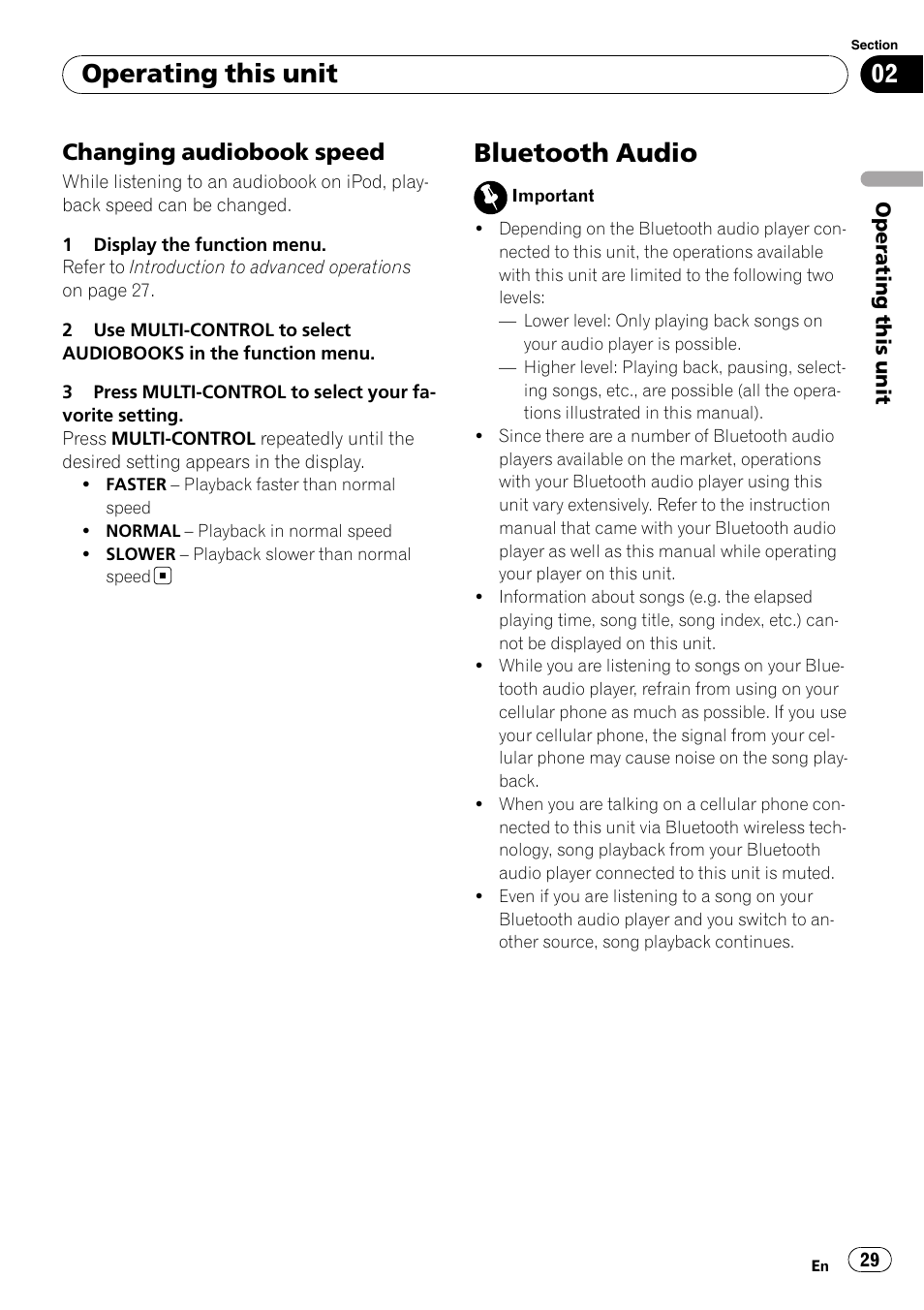 Changing audiobook speed 29, Bluetooth audio, Operating this unit | Changing audiobook speed | Pioneer FH-P80BT User Manual | Page 29 / 77
