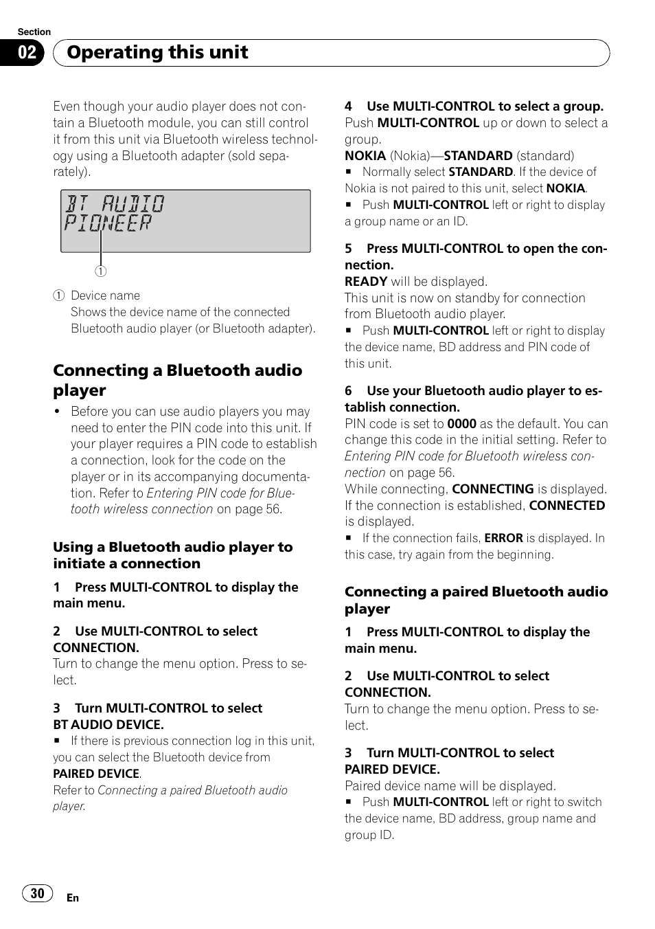 Connecting a bluetooth audio, Player, Operating this unit | Connecting a bluetooth audio player | Pioneer FH-P80BT User Manual | Page 30 / 77