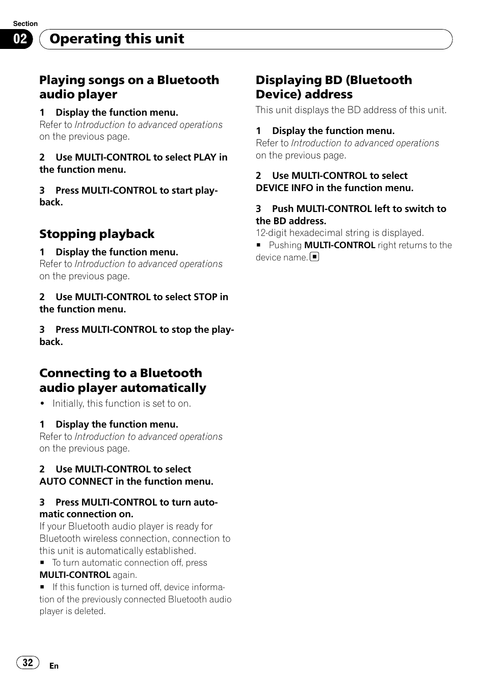 Playing songs on a bluetooth audio, Player, Stopping playback 32 | Connecting to a bluetooth audio player, Automatically, Displaying bd (bluetooth device), Address, Operating this unit, Playing songs on a bluetooth audio player, Stopping playback | Pioneer FH-P80BT User Manual | Page 32 / 77